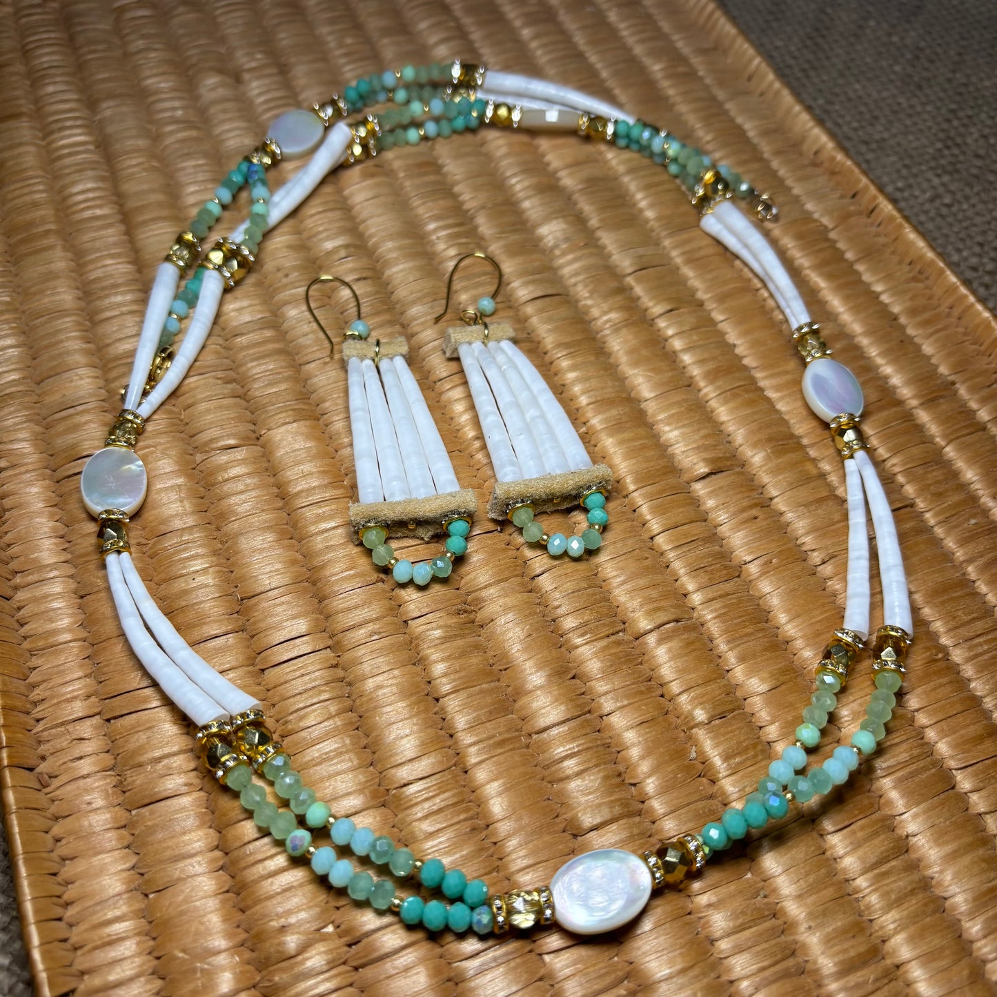 Mother of Pear Dentalium Necklace & Earring Set. Teal/Sage 1