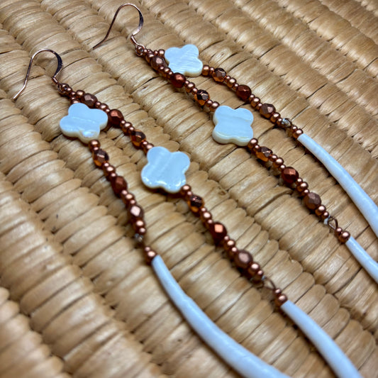 5” Dentalium Dangle —Mother of Pearl Floral & Copper Collection