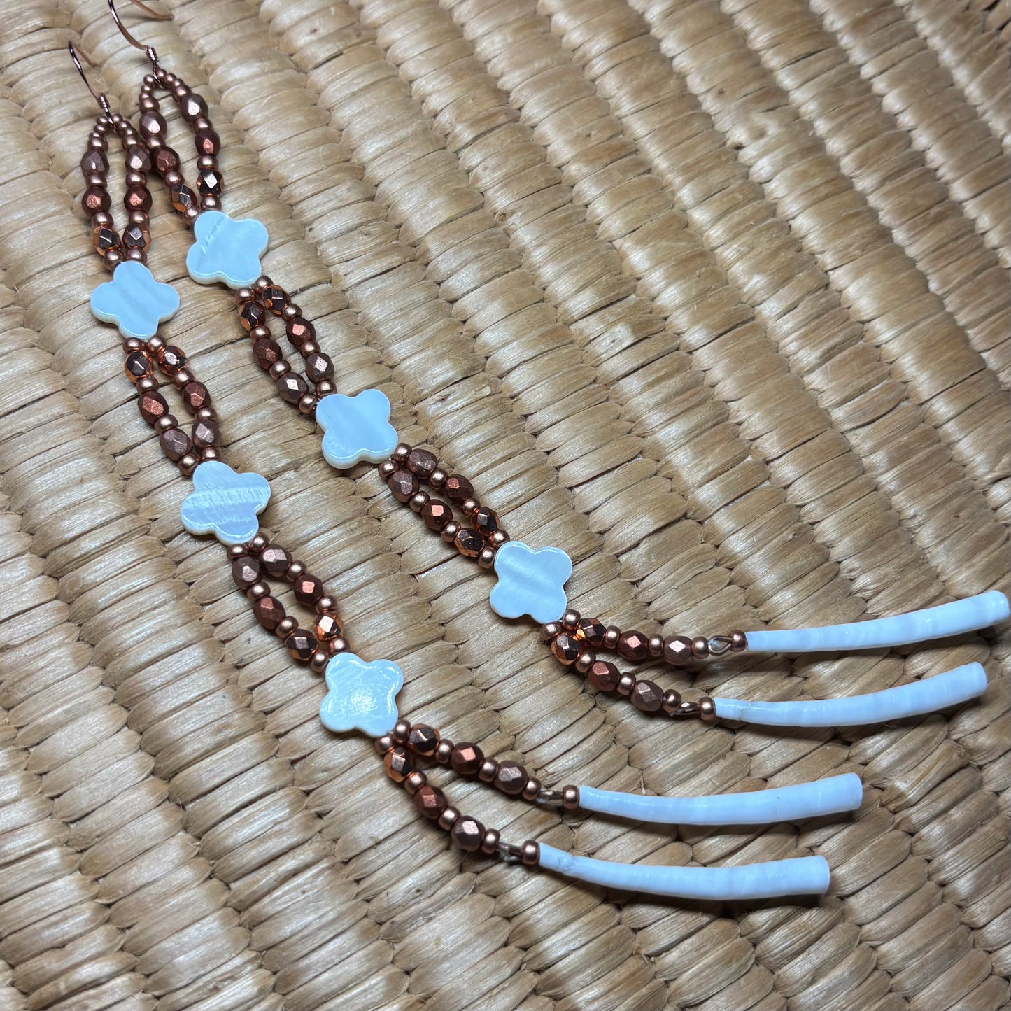 7” Dentalium Dangle —Mother of Pearl Floral & Copper Collection