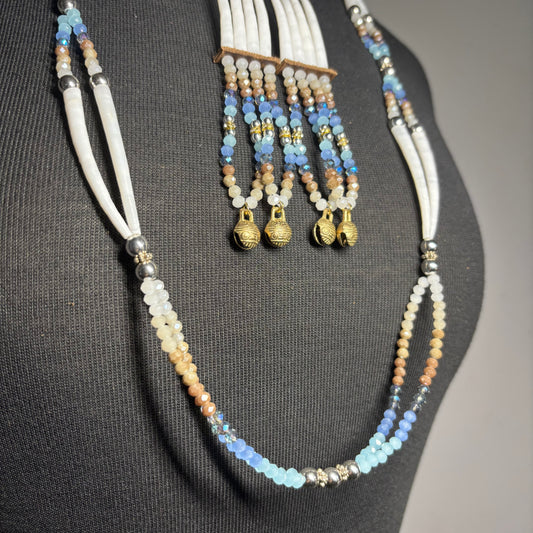 Neutral Blue 🤎🩵 Dentalium Necklace + Earring Set