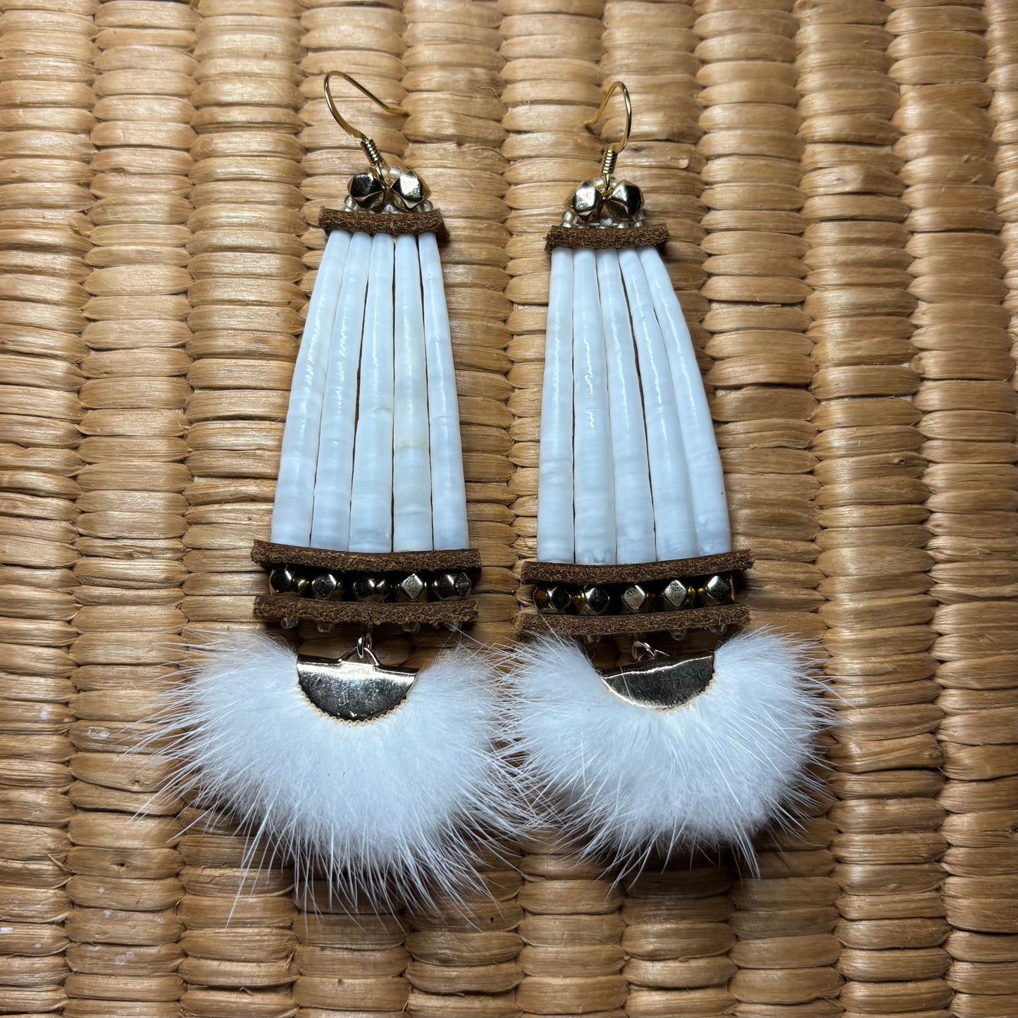 White Mink Gold Dentalium Earrings