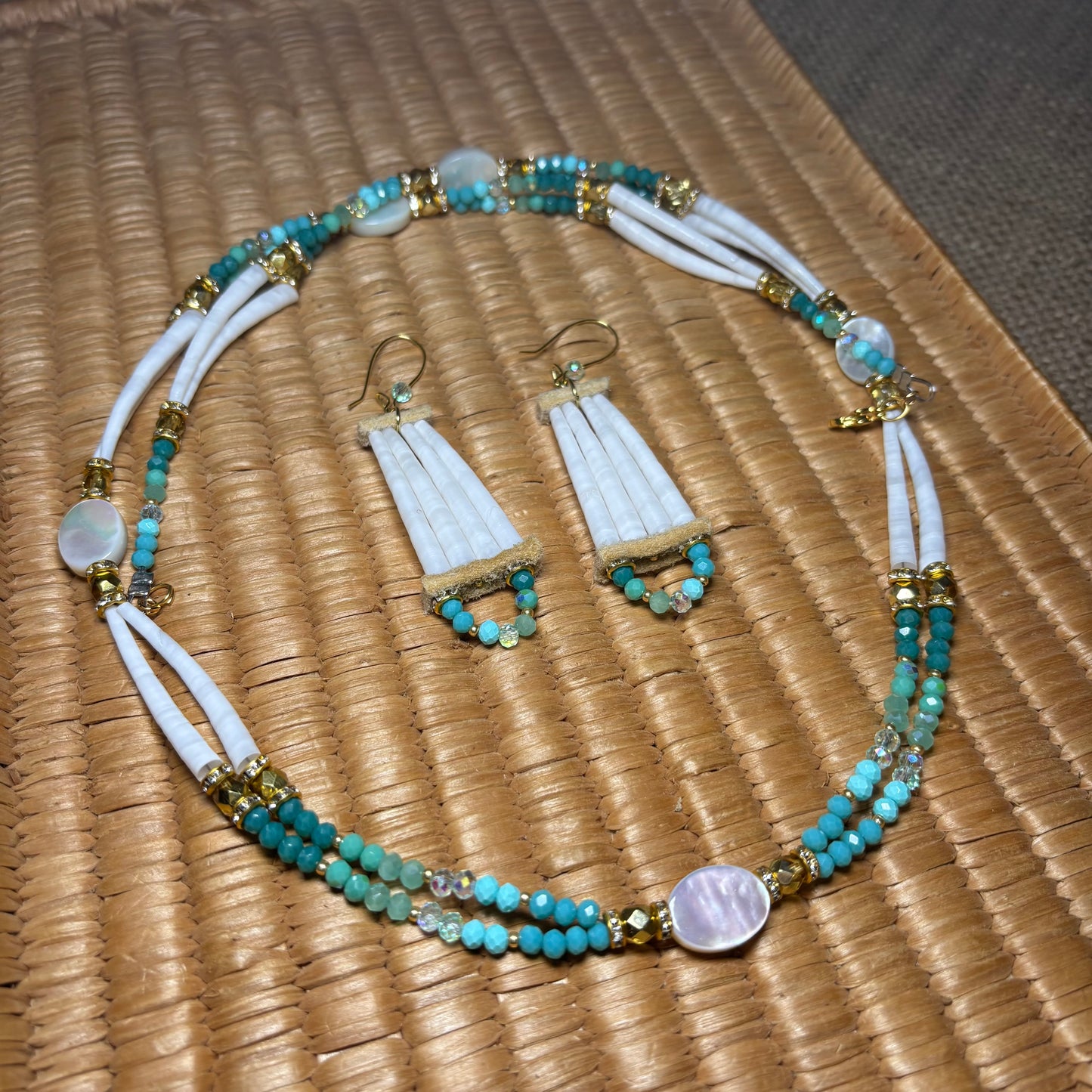 Mother of Pear Dentalium Necklace & Earring Set. Teal/Sage 2
