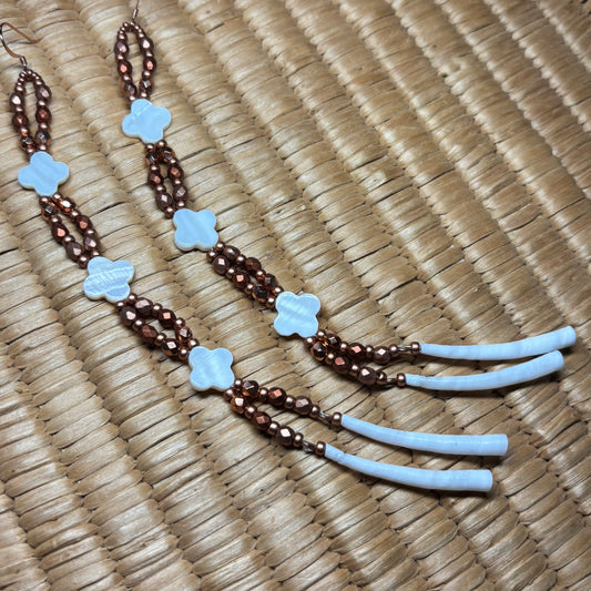 7” Dentalium Dangle —Mother of Pearl Floral & Copper Collection