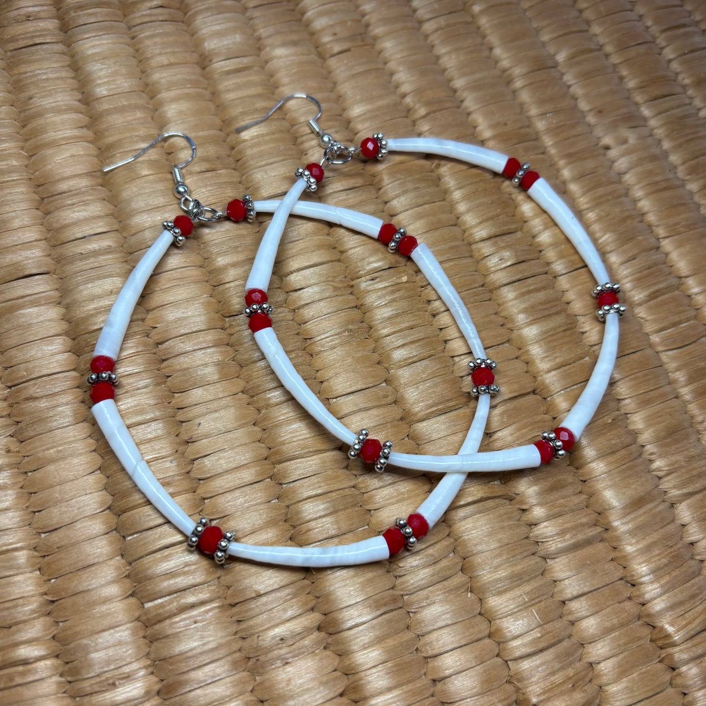 3” Red & Silver Dentalium Hoop Earrings.