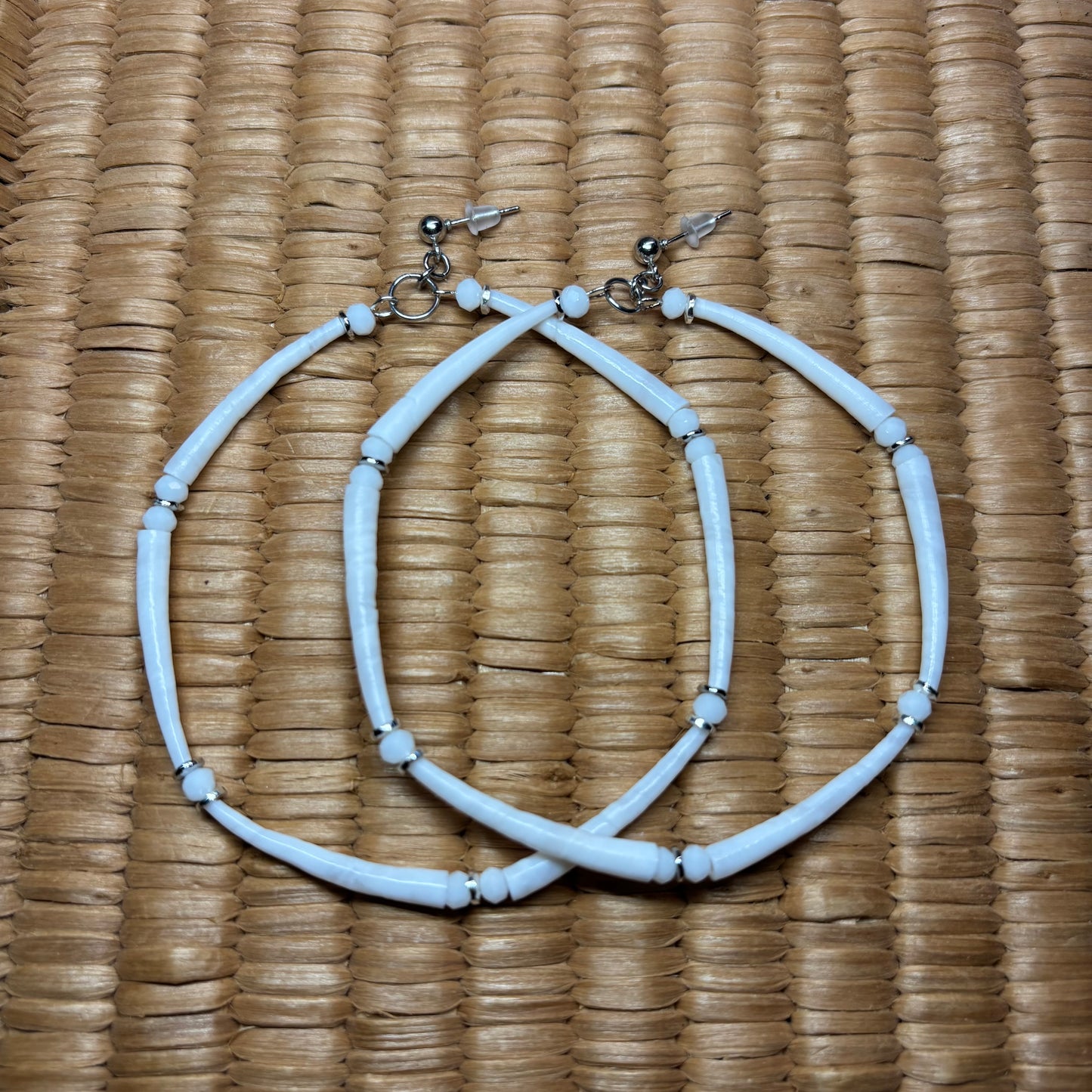 3” White/Silver Dentalium Hoop Earrings.