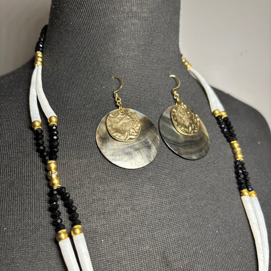 Black & Gold Abalone 🖤✨ Dentalium Necklace + Earring Set
