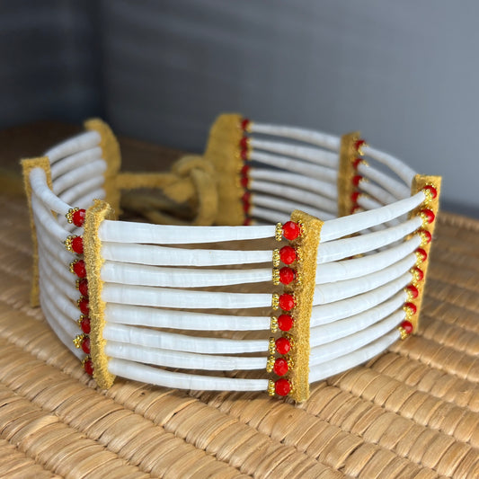 12.5” eight stack Dentalium Choker — Red/Gold.