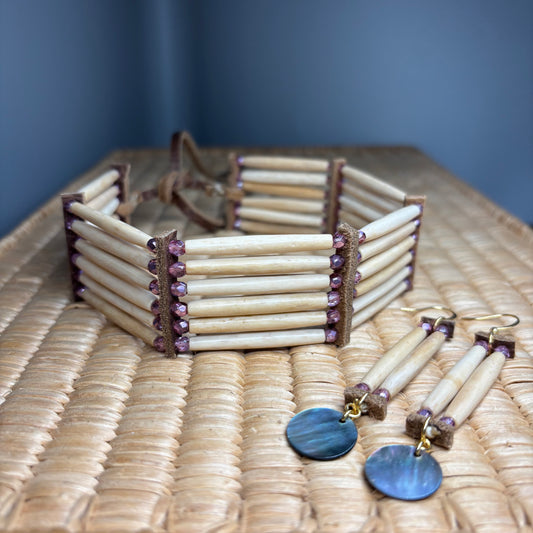 10.75” Buffalo Bone Choker & Earring Set. — Smoked Amethyst