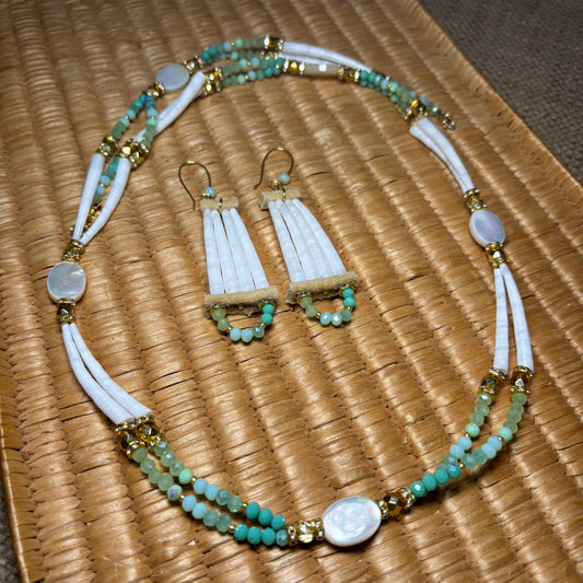 Mother of Pear Dentalium Necklace & Earring Set. Teal/Sage 1