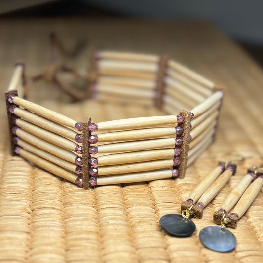 10.75” Buffalo Bone Choker & Earring Set. — Smoked Amethyst