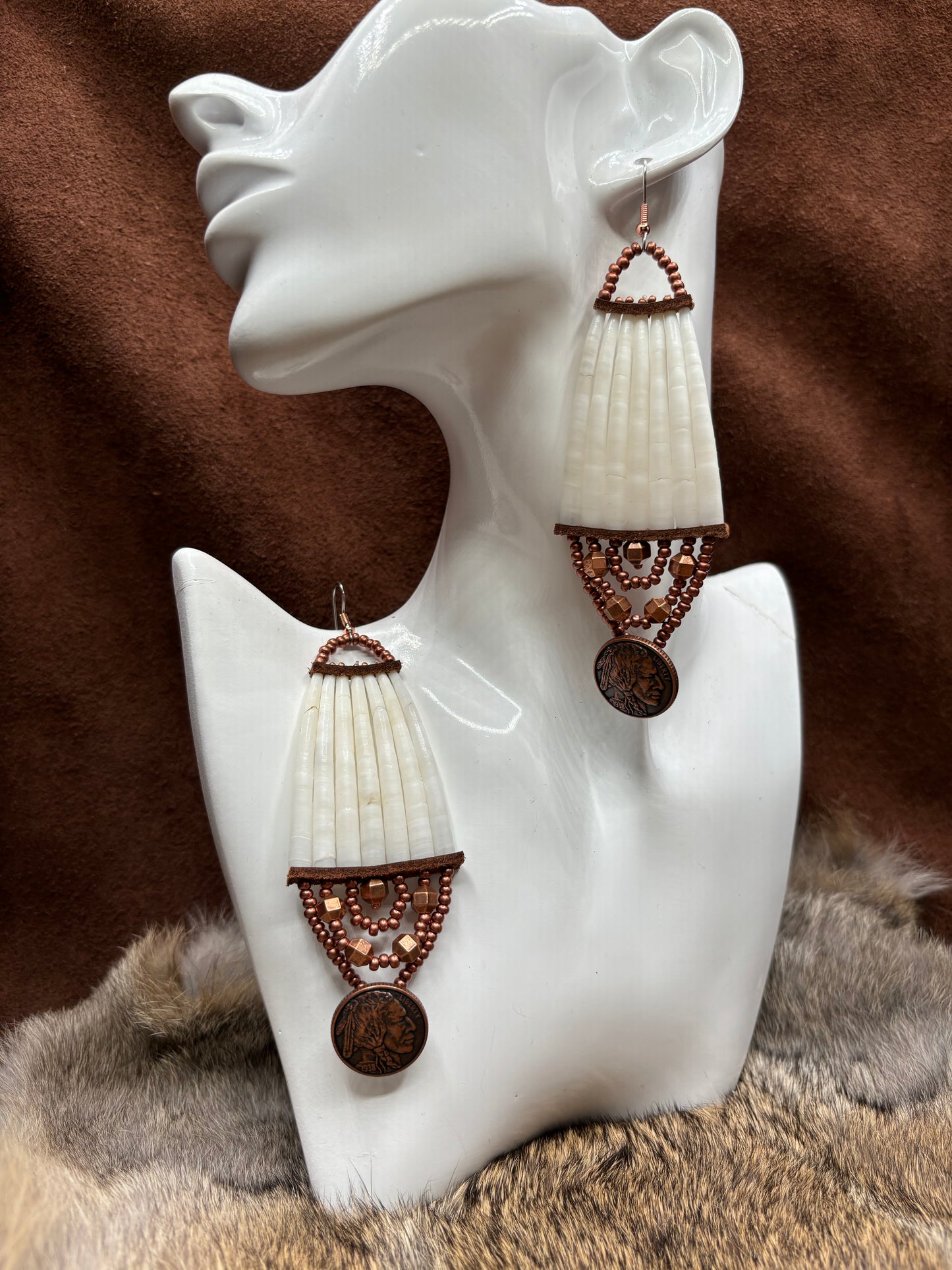 Chief Head Copper Coin Dentalium Earrings