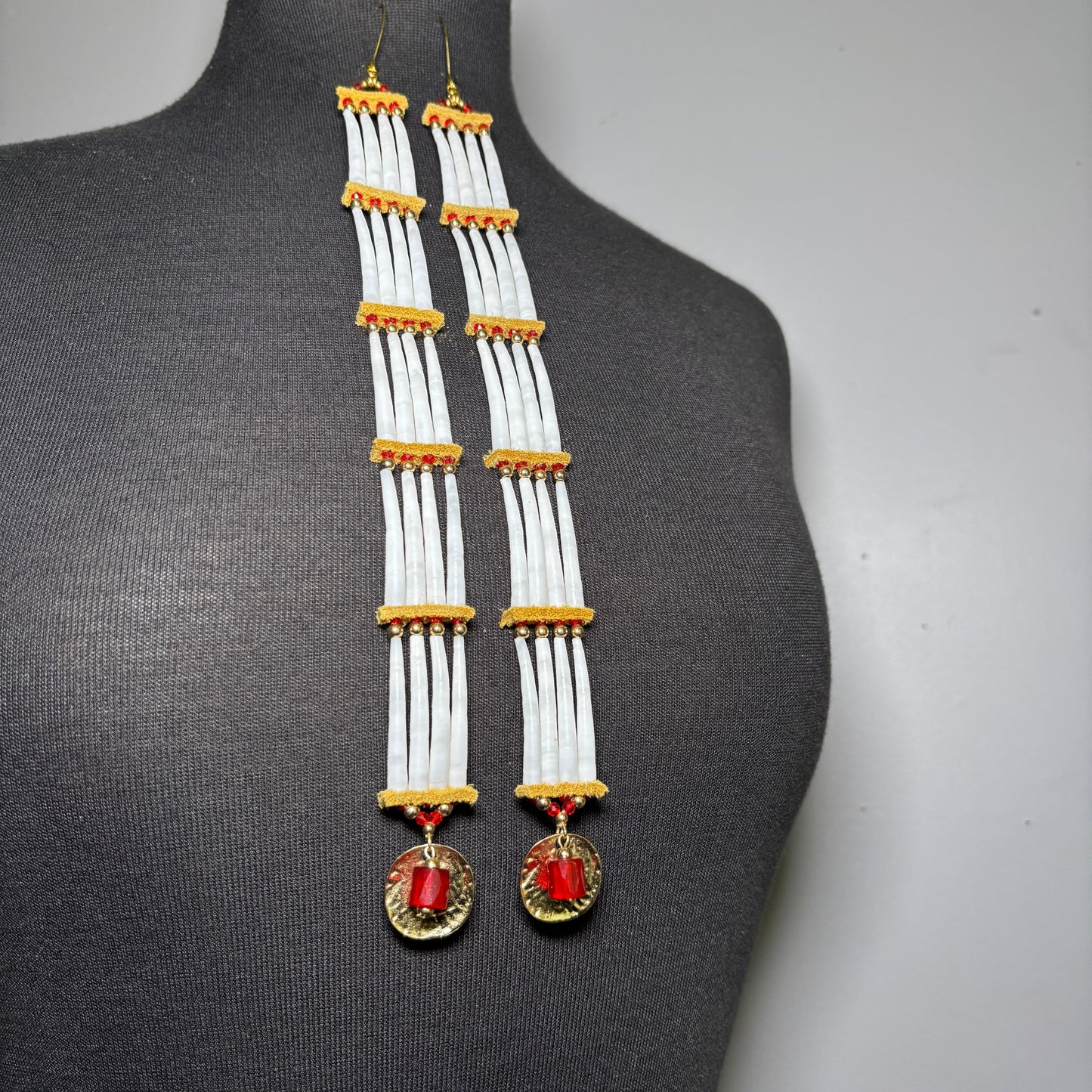 11” Trade Bead Ancestral Dentalium Earrings - Red