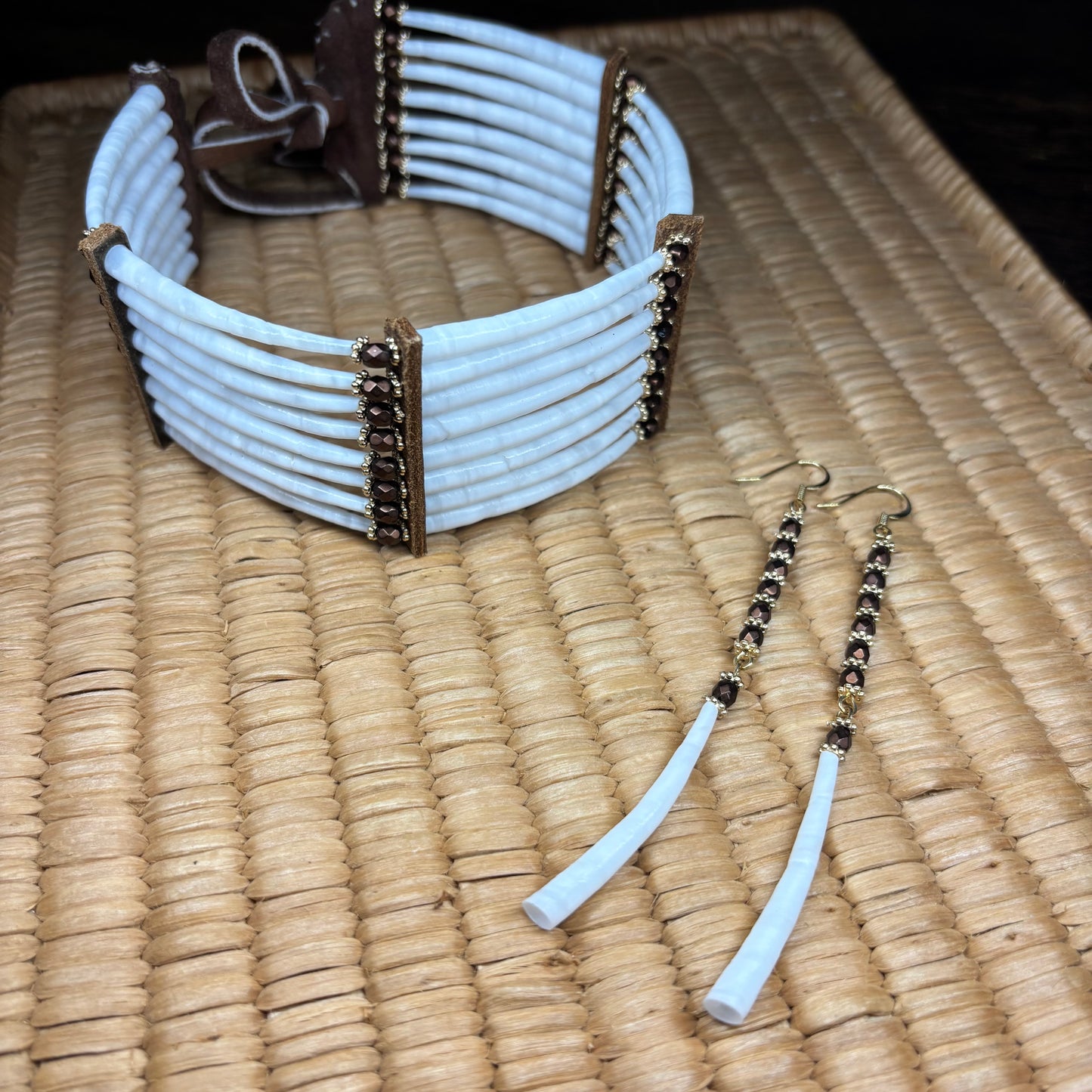 11.5” ‘Emberline Bloom’ Dentalium Choker & Earring Set.