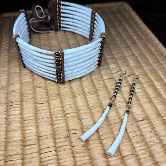 11.5” ‘Emberline Bloom’ Dentalium Choker & Earring Set.