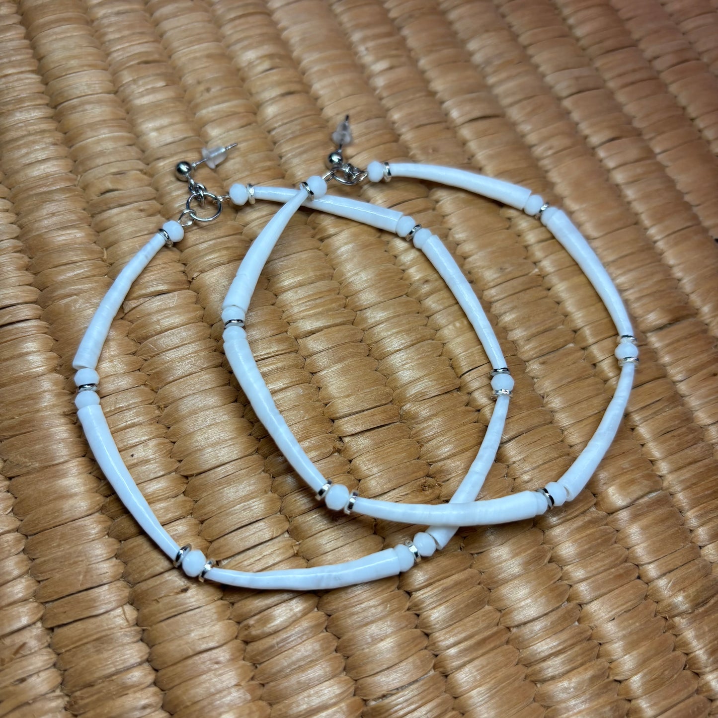 3” White/Silver Dentalium Hoop Earrings.