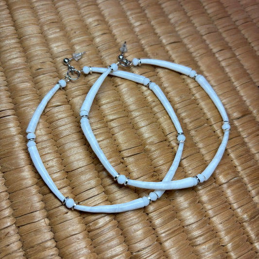 3” White/Silver Dentalium Hoop Earrings.