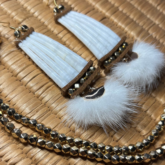White Mink Gold Dentalium Earrings