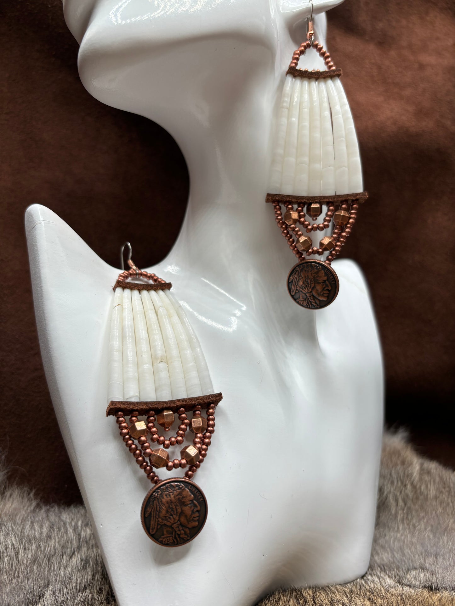 Chief Head Copper Coin Dentalium Earrings