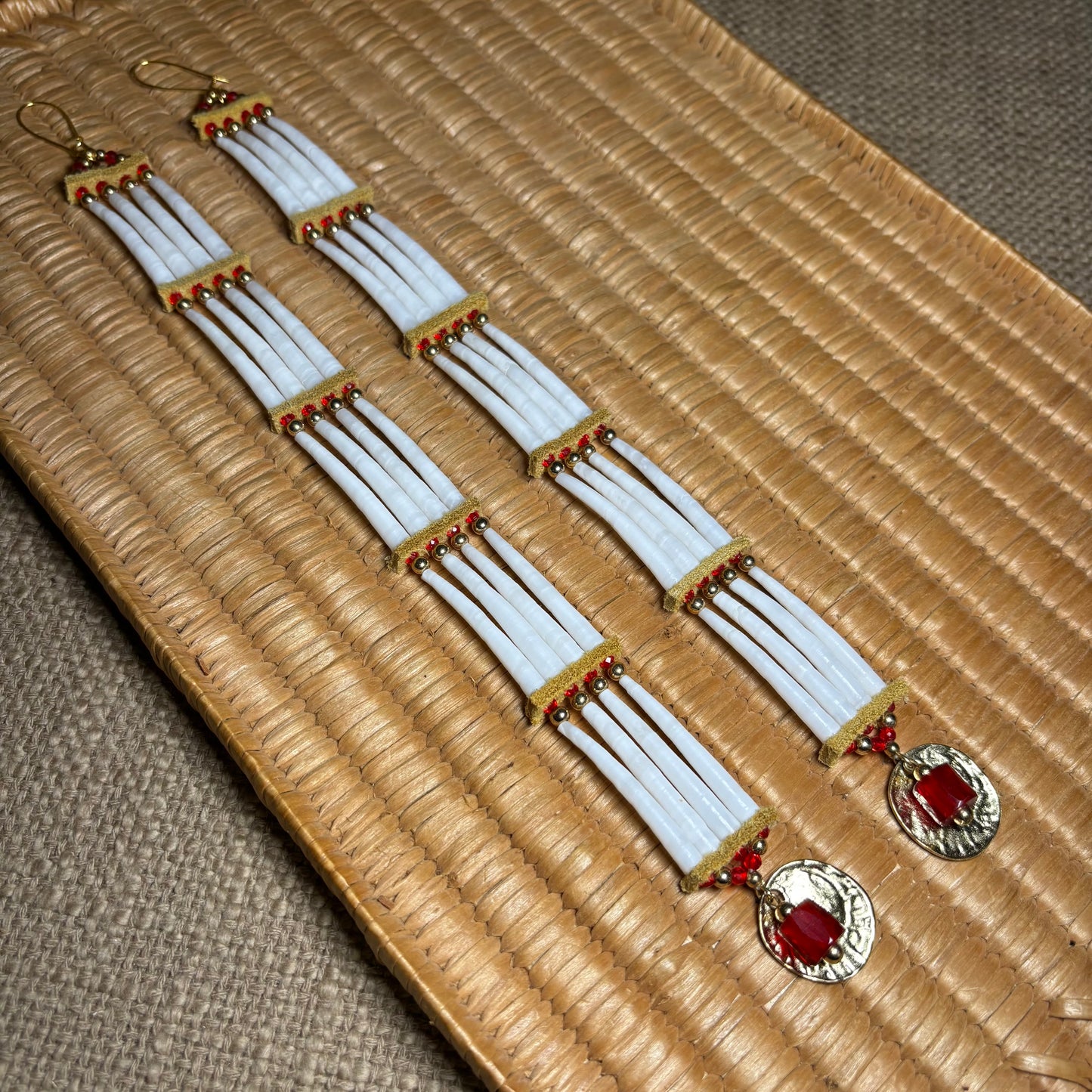 11” Trade Bead Ancestral Dentalium Earrings - Red