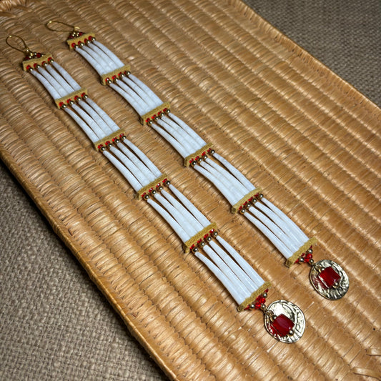 11” Trade Bead Ancestral Dentalium Earrings - Red