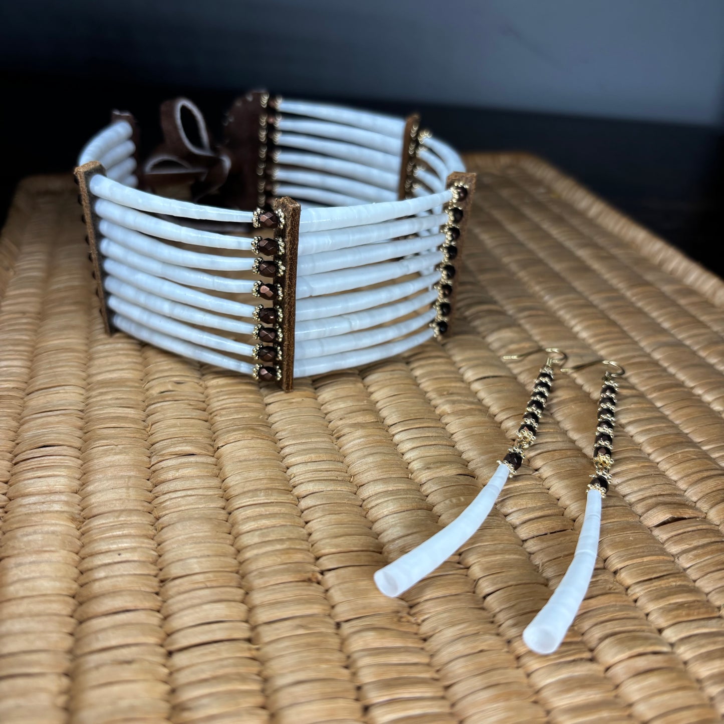 11.5” ‘Emberline Bloom’ Dentalium Choker & Earring Set.