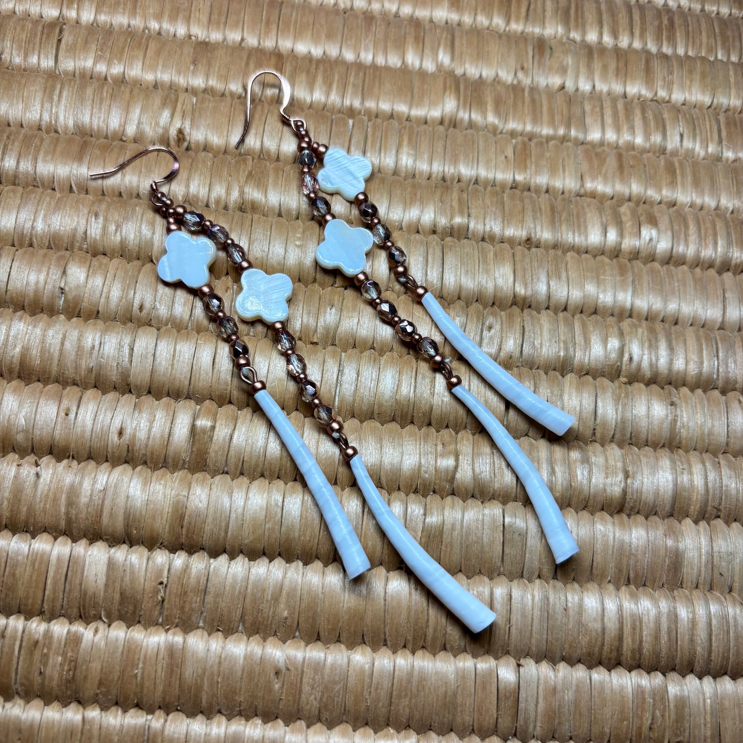 4.5” Dentalium Dangle —Mother of Pearl Floral, Rose Gold & Copper Collection