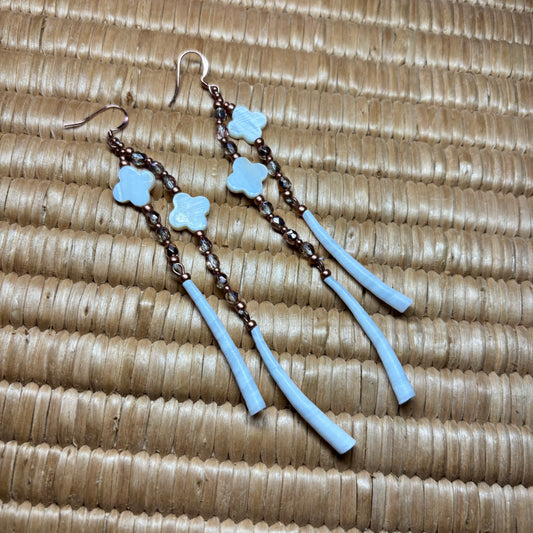4.5” Dentalium Dangle —Mother of Pearl Floral, Rose Gold & Copper Collection