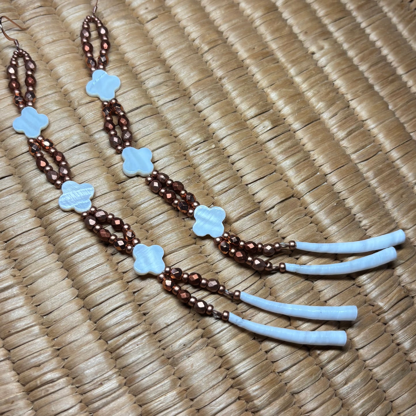 7” Dentalium Dangle —Mother of Pearl Floral & Copper Collection