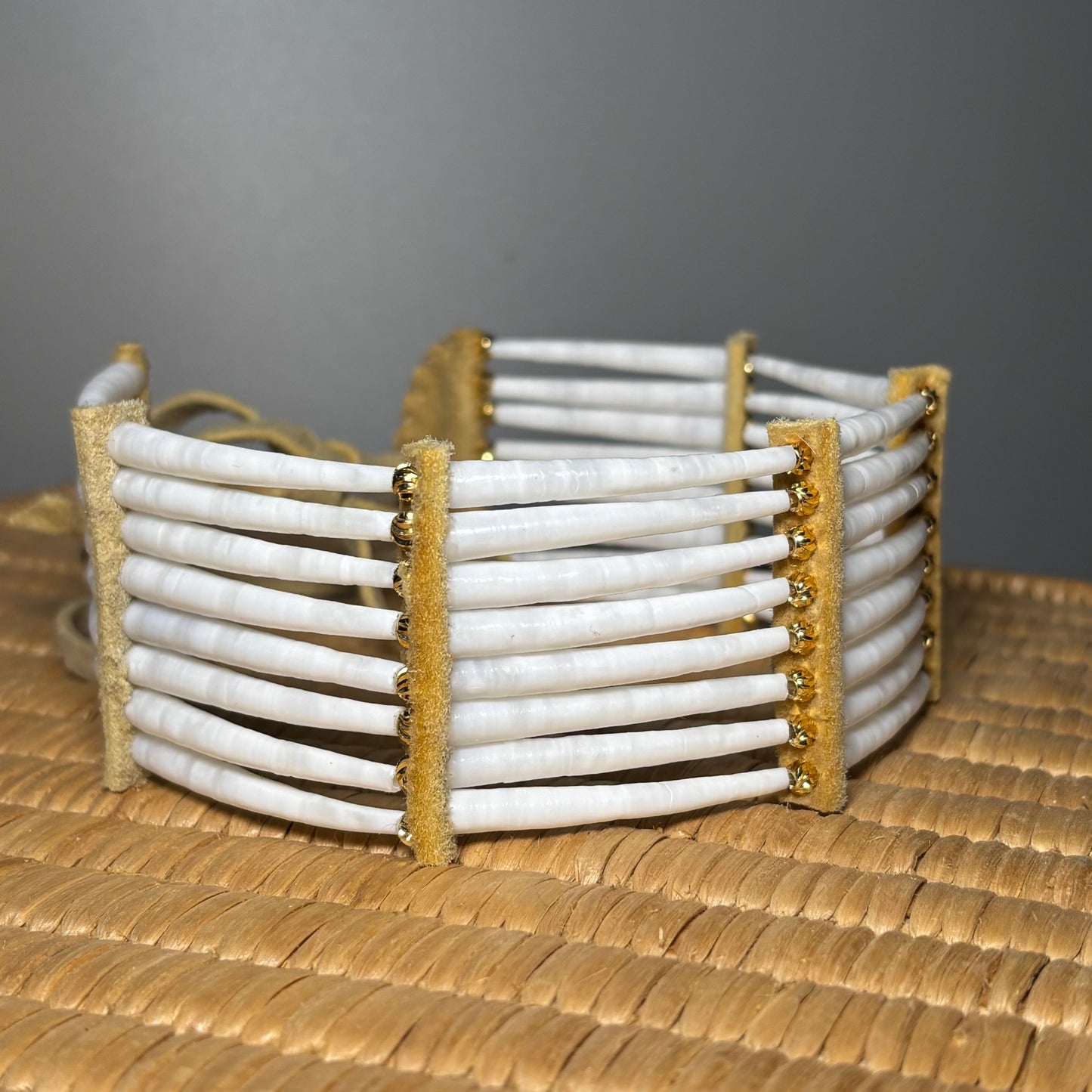 11.25” Tanned Moose-hide Dentalium Choker w/ 18k Gold plated Beads