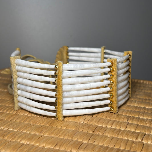 11.25” Tanned Moose-hide Dentalium Choker w/ 18k Gold plated Beads