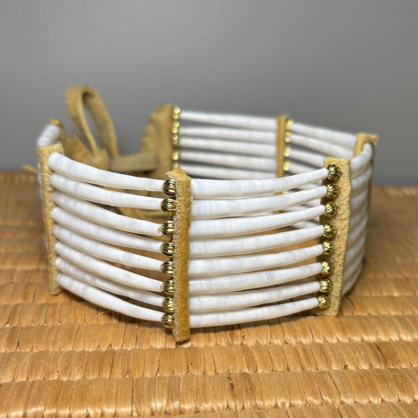 11” Tanned Moose-hide Dentalium Choker w/ 18k Gold plated Brass Beads