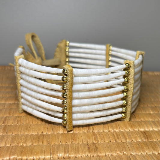 11” Tanned Moose-hide Dentalium Choker w/ 18k Gold plated Brass Beads