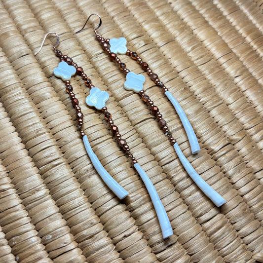 5” Dentalium Dangle —Mother of Pearl Floral & Copper Collection