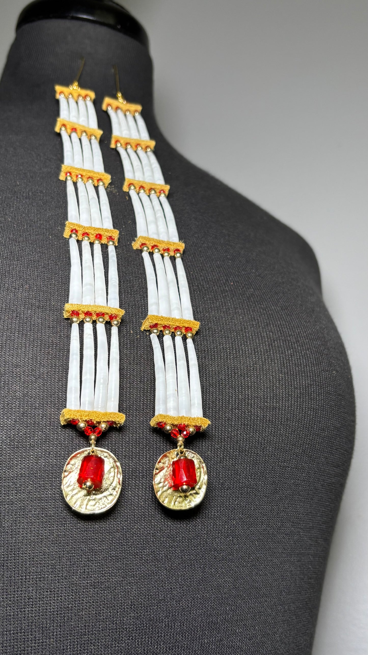 11” Trade Bead Ancestral Dentalium Earrings - Red