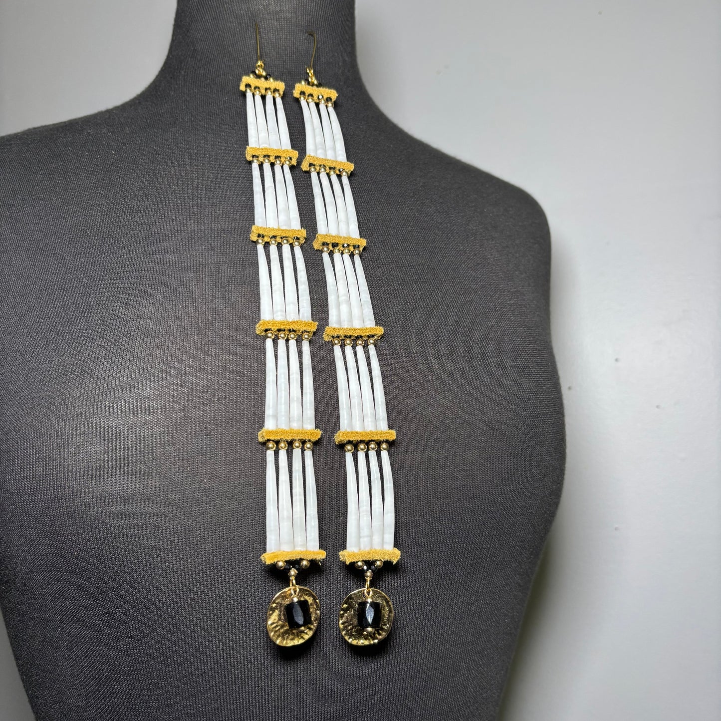 11.25” Trade Bead Ancestral Dentalium Earrings - Black