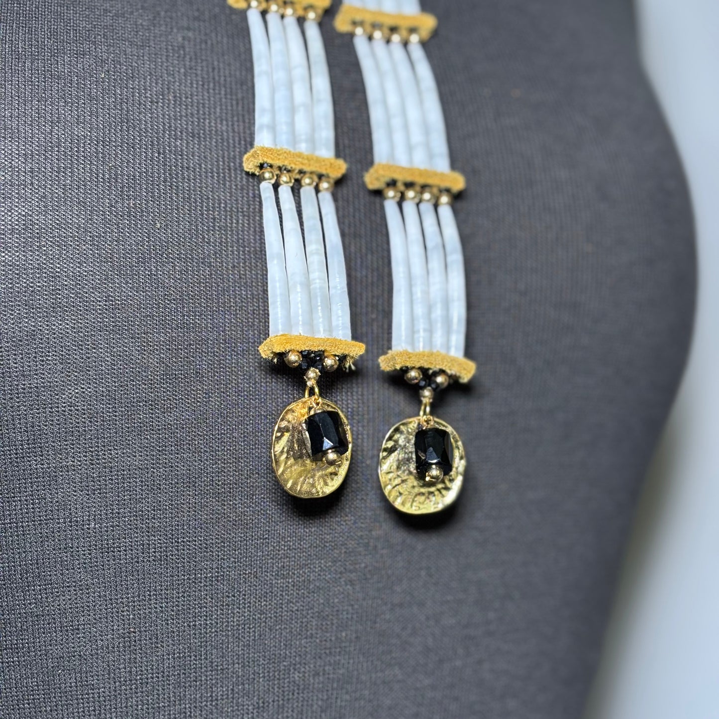 11.25” Trade Bead Ancestral Dentalium Earrings - Black