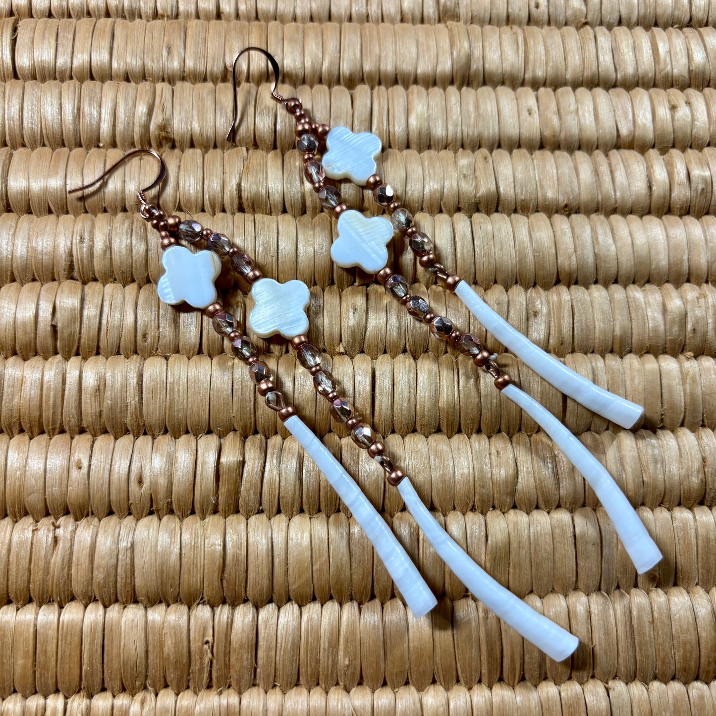 4.5” Dentalium Dangle —Mother of Pearl Floral, Rose Gold & Copper Collection