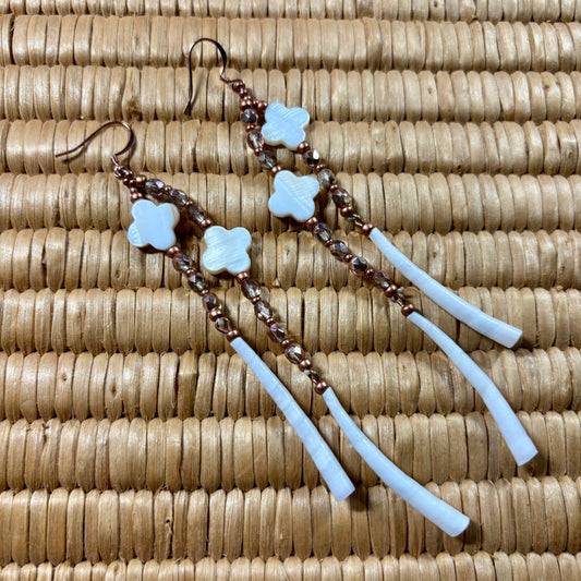 4.5” Dentalium Dangle —Mother of Pearl Floral, Rose Gold & Copper Collection