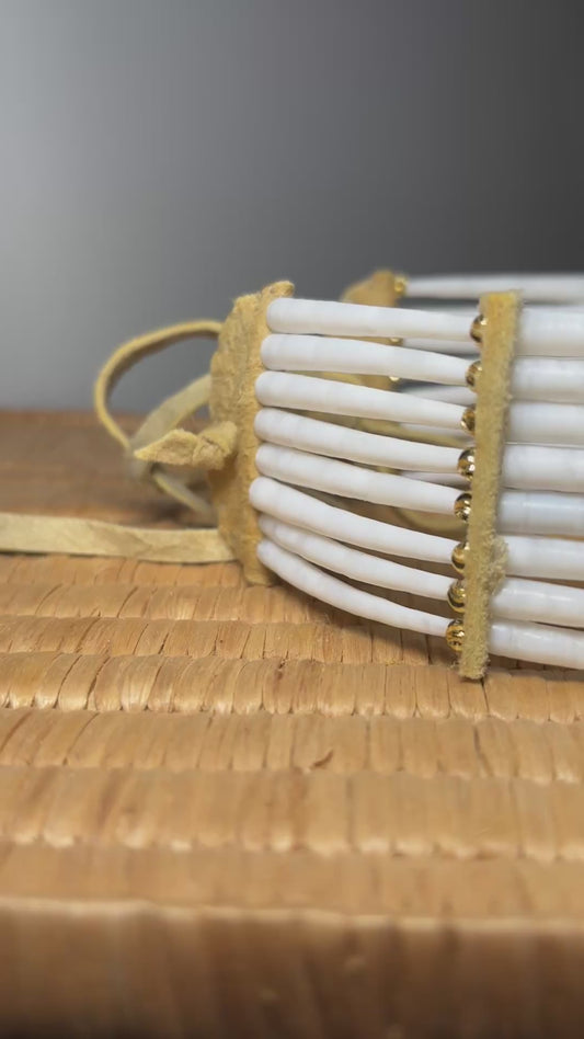 11.25” Tanned Moose-hide Dentalium Choker w/ 18k Gold plated Beads